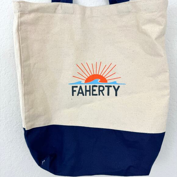 Faherty Canvas Lightweight Reusable Tote Bag Branded Cream Blue - Picture 6 of 8